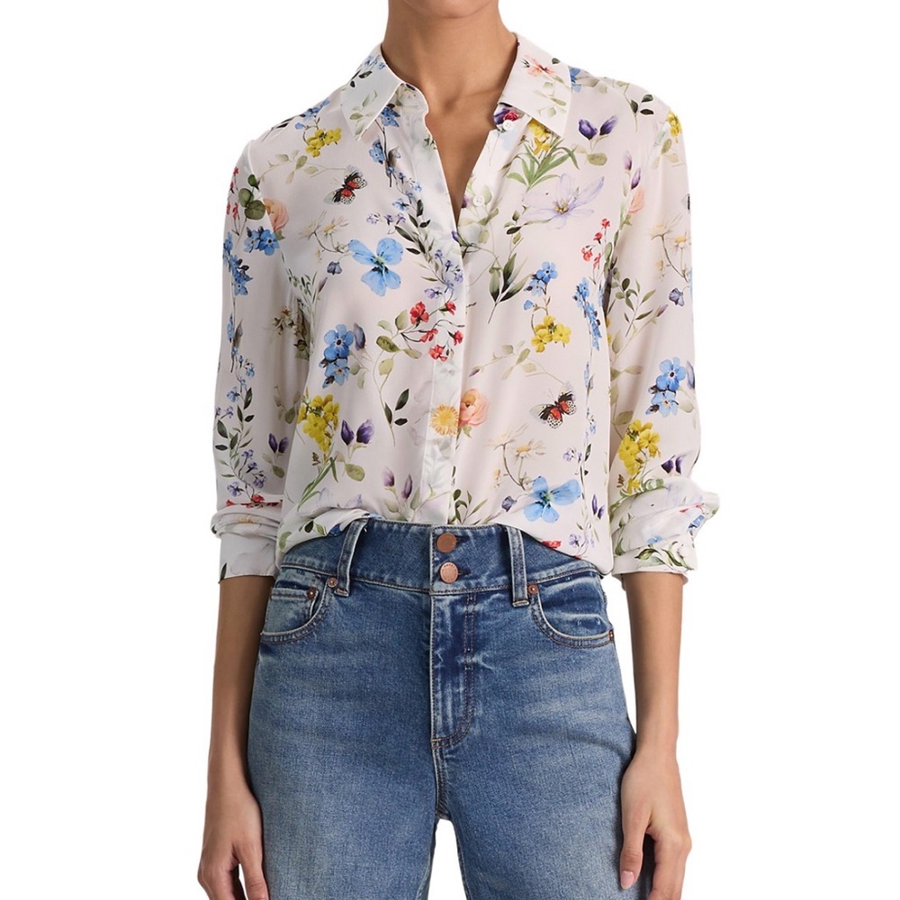 Alice + Olivia White Floral Button-Down Blouse